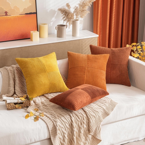 Dark Rust Corduroy Pillow Covers Pack of 2 Boho Decorative Spliced Soft Solid Couch Pillowcases Cross Patchwork Textured Cushion Covers for Living