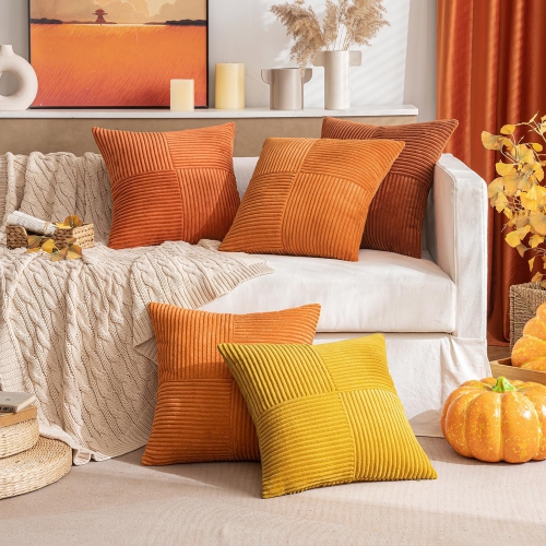 Dark Rust Corduroy Pillow Covers Pack of 2 Boho Decorative Spliced Soft Solid Couch Pillowcases Cross Patchwork Textured Cushion Covers for Living