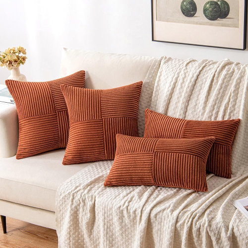Dark Rust Corduroy Pillow Covers Pack of 2 Boho Decorative Spliced Soft Solid Couch Pillowcases Cross Patchwork Textured Cushion Covers for Living