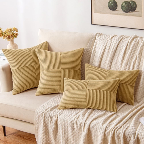 Khaki Corduroy Pillow Covers Pack of 2 Boho Decorative Spliced Soft Solid Couch Pillowcases Cross Patchwork Textured Cushion Covers for Living Room