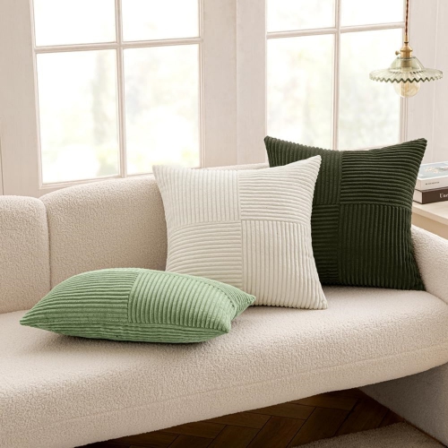 Olive Green Corduroy Pillow Covers Pack of 2 Boho Decorative Spliced Soft Solid Couch Pillowcases Cross Patchwork Textured Cushion Covers for Living