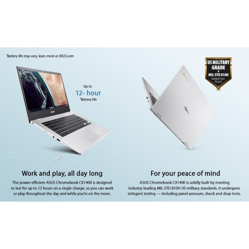 ASUS Chromebook CX1, 14" FHD NanoEdge Display, Intel Celeron N4500 Processor, 64GB eMMC, 8GB RAM, ChromeOS, Transparent Silver, CX1400CKA-BS01-CB