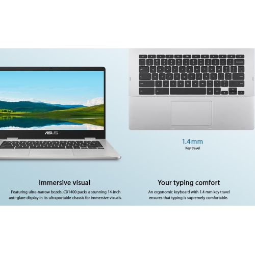 ASUS Chromebook CX1, 14" FHD NanoEdge Display, Intel Celeron N4500 Processor, 64GB eMMC, 8GB RAM, ChromeOS, Transparent Silver, CX1400CKA-BS01-CB