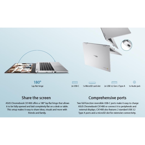 ASUS Chromebook CX1, 14" FHD NanoEdge Display, Intel Celeron N4500 Processor, 64GB eMMC, 8GB RAM, ChromeOS, Transparent Silver, CX1400CKA-BS01-CB