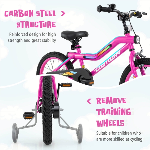 Costway 16" LED Lighted Kids Bike with Adjustable Seat Coaster Brake Training Wheels