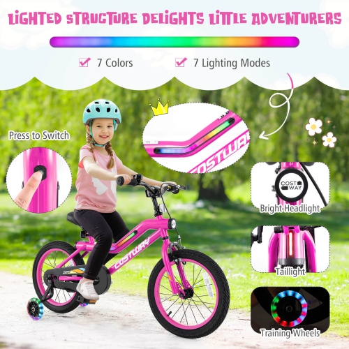 Costway 16" LED Lighted Kids Bike with Adjustable Seat Coaster Brake Training Wheels