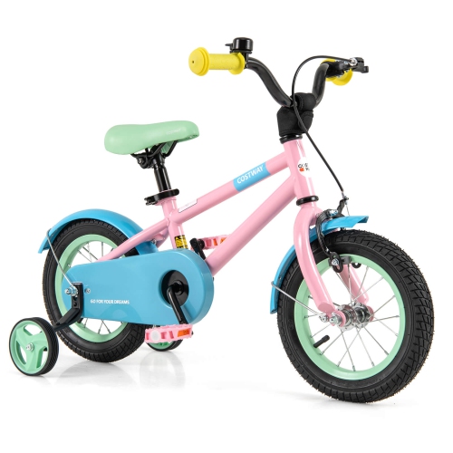 Image 1 de 10.. Vélo pour enfants de 12&nbsp;po de Costway avec selle réglable, guidon, roues d'entraînement amovibles, frein à main