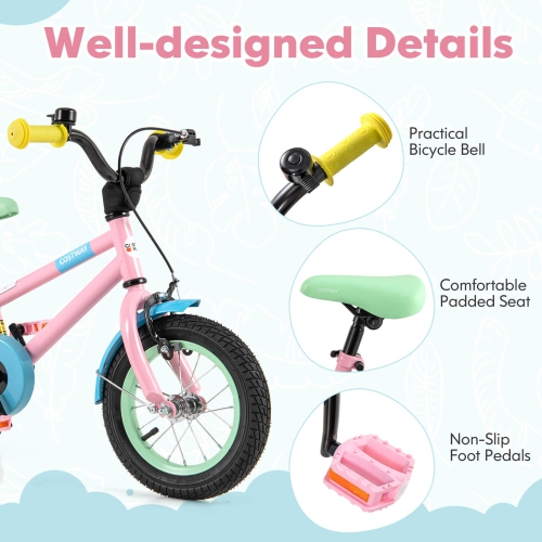 Costway 12" Kids Bike with Adjustable Saddle Handlebar Removable Training Wheels Handbrake