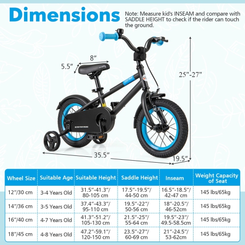 Costway 12" Kids Bike with Adjustable Saddle Handlebar Removable Training Wheels Handbrake