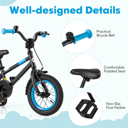 Costway 12" Kids Bike with Adjustable Saddle Handlebar Removable Training Wheels Handbrake