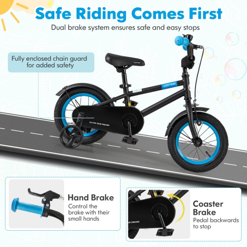 Costway 12" Kids Bike with Adjustable Saddle Handlebar Removable Training Wheels Handbrake