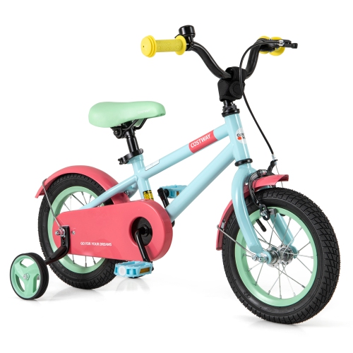 Image 1 de 10.. Vélo pour enfants de 12&nbsp;po de Costway avec selle réglable, guidon, roues d'entraînement amovibles, frein à main