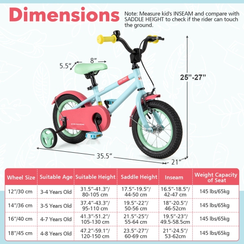 Costway 12" Kids Bike with Adjustable Saddle Handlebar Removable Training Wheels Handbrake