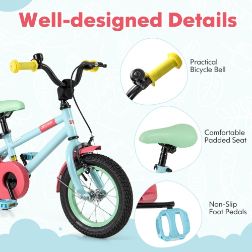 Costway 12" Kids Bike with Adjustable Saddle Handlebar Removable Training Wheels Handbrake