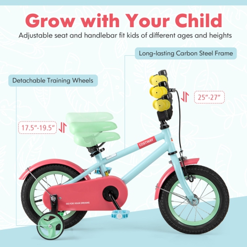 Costway 12" Kids Bike with Adjustable Saddle Handlebar Removable Training Wheels Handbrake