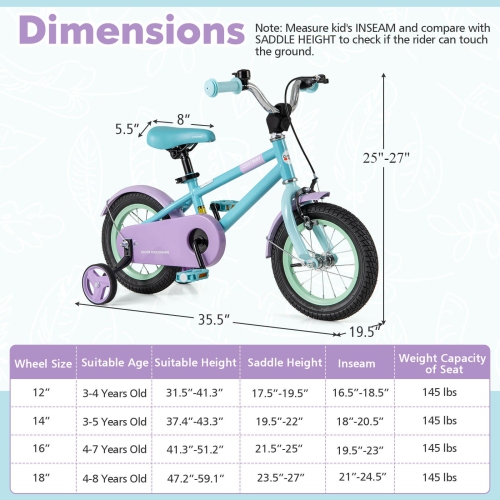 Costway 12" Kids Bike with Adjustable Saddle Handlebar Removable Training Wheels Handbrake