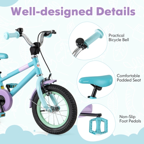 Costway 12" Kids Bike with Adjustable Saddle Handlebar Removable Training Wheels Handbrake