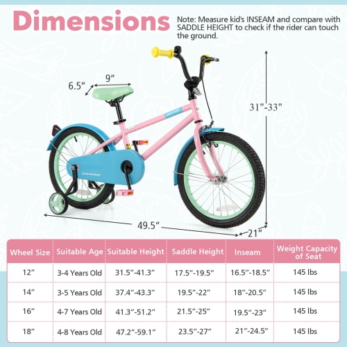 Costway 18" Kids Bike with Adjustable Saddle Handlebar Removable Training Wheels Handbrake