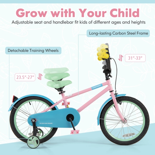 Costway 18" Kids Bike with Adjustable Saddle Handlebar Removable Training Wheels Handbrake