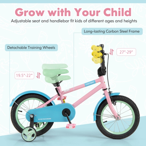 Costway 14" Kids Bike with Adjustable Saddle Handlebar Removable Training Wheels Handbrake