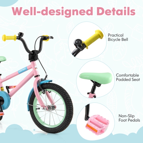 Costway 14" Kids Bike with Adjustable Saddle Handlebar Removable Training Wheels Handbrake