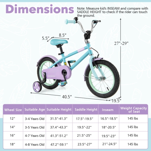Costway 14" Kids Bike with Adjustable Saddle Handlebar Removable Training Wheels Handbrake