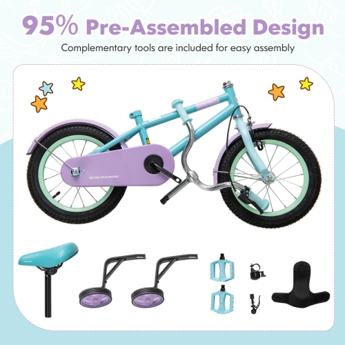 Costway 14" Kids Bike with Adjustable Saddle Handlebar Removable Training Wheels Handbrake