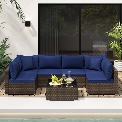 Costway 7 PCS Patio Rattan Furniture Set Sectional Sofa Cushioned Garden