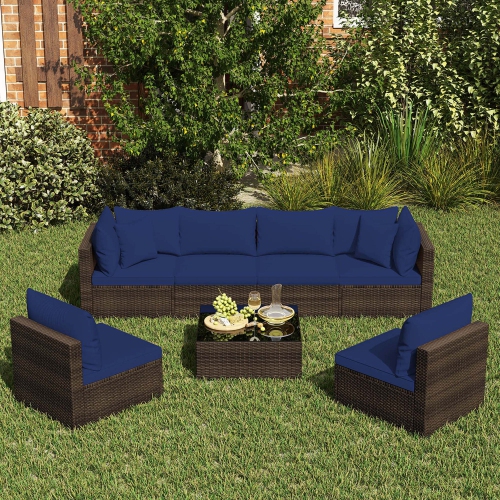 Costway 7 PCS Patio Rattan Furniture Set Sectional Sofa Cushioned Garden