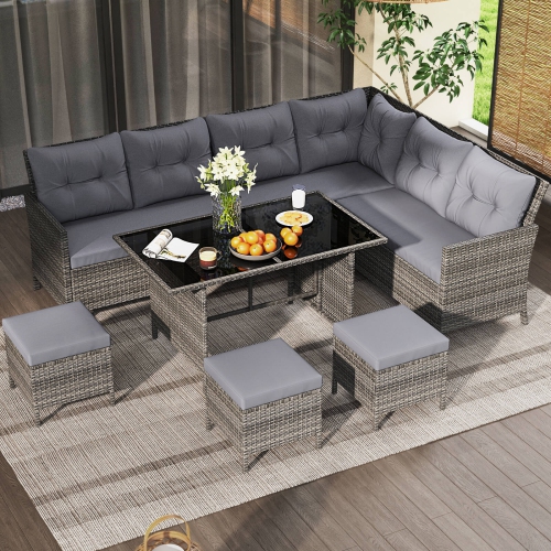 Costway 7 PCS Patio Dining Furniture Set PE Rattan Sectional Sofa Set with Soft Cushions