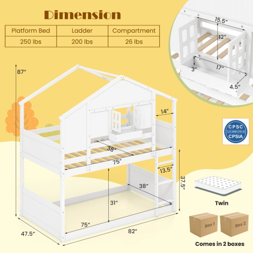 Costway Twin Over Twin Bunk Bed for Kids with Roof Lockable Window Storage Box Wood Slats