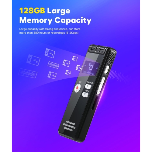 Enregistreur numérique à commande vocale 128 Go – Enregistreur vocal 3072Kpbs HD à deux bandes MIC avec réduction du bruit
