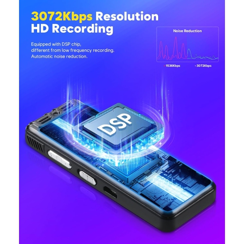 Enregistreur numérique à commande vocale 128 Go – Enregistreur vocal 3072Kpbs HD à deux bandes MIC avec réduction du bruit