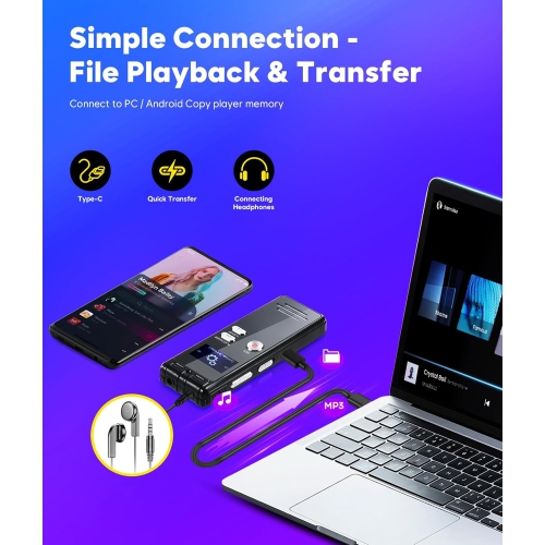 Enregistreur numérique à commande vocale 128 Go – Enregistreur vocal 3072Kpbs HD à deux bandes MIC avec réduction du bruit