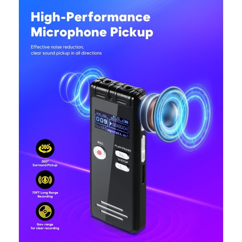 Enregistreur numérique à commande vocale 128 Go – Enregistreur vocal 3072Kpbs HD à deux bandes MIC avec réduction du bruit