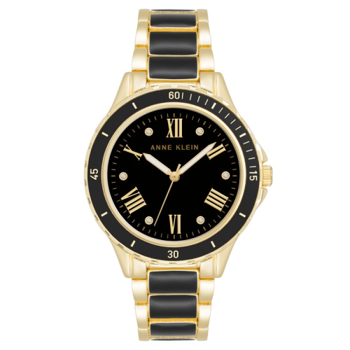 ANNE KLEIN  Ladies Round Enamel 38MM Watch With Two-Tone Black/ Bracelet Strap In Gold