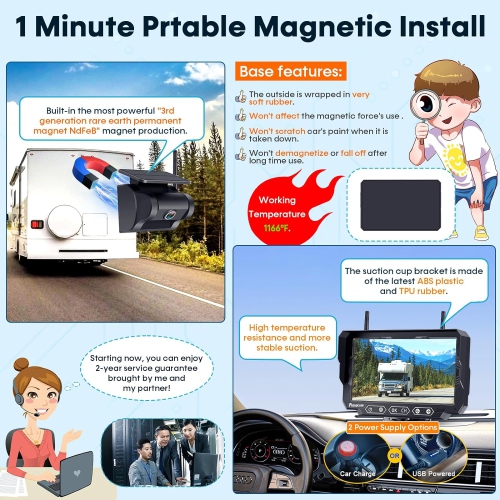 Magnetic Solar Wireless Backup Camera: 7" DVR Portable 1 Min Easy Install Scratch-Proof No Delay Truck Trailer Hitch Rear View Camera Rechargeable HD