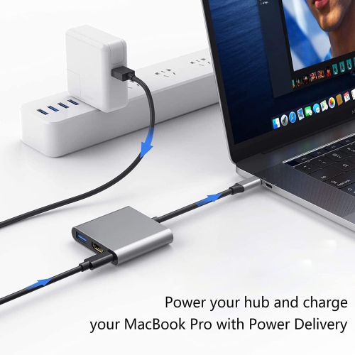 Adaptateur USB 3,0-C à HDMI avec port HDMI 4K et concentrateur convertisseur de port de chargement 100 W-C, adaptateur multiport audio-vidéo