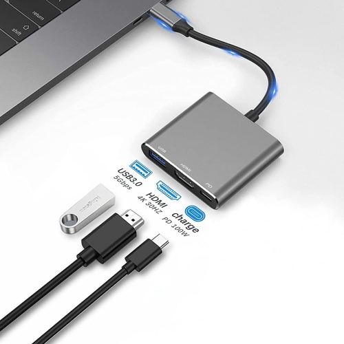 Adaptateur USB 3,0-C à HDMI avec port HDMI 4K et concentrateur convertisseur de port de chargement 100 W-C, adaptateur multiport audio-vidéo