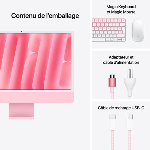 iMac de 24 po d'Apple - Rose (puce M4 d'Apple/processeur graphique 8 coeurs/RAM 16 Go/SSD 256 Go) - Français