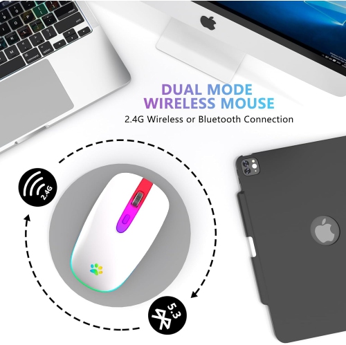 Wireless Mouse, Rechargeable LED Wireless Bluetooth Mouse,Portable USB 2.4G Wireless Bluetooth Mice with USB & Type-c Receiver, White