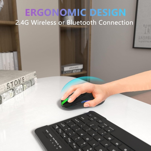 Souris sans fil, souris Bluetooth sans fil DEL rechargeable, souris Bluetooth sans fil USB 2,4 GHz avec récepteur USB et type C, noir