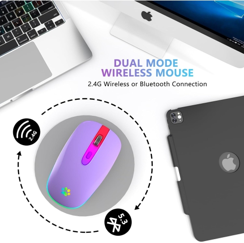 Souris sans fil, souris Bluetooth sans fil DEL rechargeable, souris Bluetooth sans fil USB 2,4 GHz portative avec récepteur USB et type C, violet