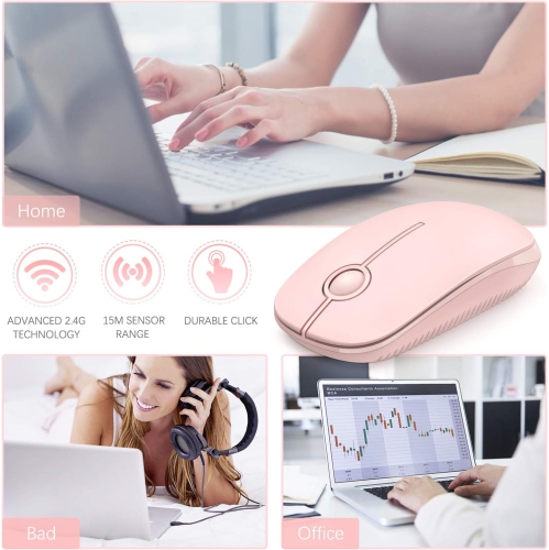 Souris sans fil, souris d'ordinateur portable mince 2,4 GHz avec nanorécepteur pour ordinateur, portable, portable, rose