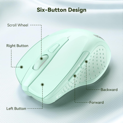 2.4G Wireless Mouse for Laptop, PC, Computer, 6 Buttons 2600 DPI, 5 Adjustment Levels, Green