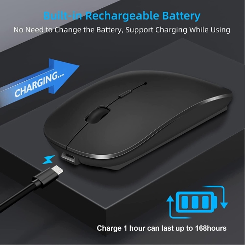 Wireless Mouse for Laptop, Bluetooth Mouse for MacBook Pro/Mac/iPad/Computer, Silent Cordless Mouse with USB C Adapter,Rechargeale Dual Mode, Black