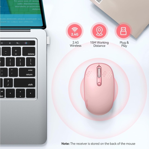 Wireless Mouse, 2.4G Quiet Computer Mouse with USB Receiver, 4 Buttons Portable Cordless Mice for Laptop, PC, Pink