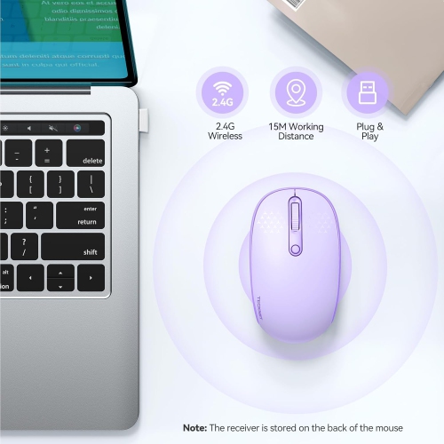 Wireless Mouse, 2.4G Quiet Computer Mouse with USB Receiver, 4 Buttons Portable Cordless Mice for Laptop, PC, Purple