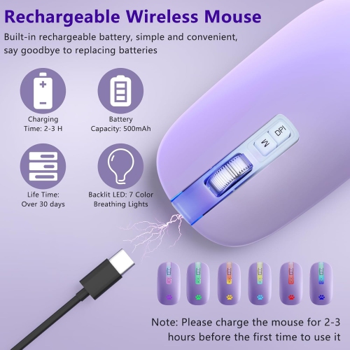 Wireless Mouse, 2.4G Rechargeable Wireless Mouse, LED Portable Slim Computer Mouse for Laptop, PC, Computer, MacBook, Light Purple