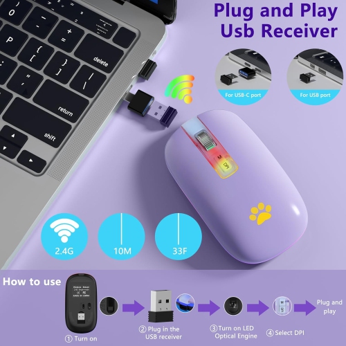 Wireless Mouse, 2.4G Rechargeable Wireless Mouse, LED Portable Slim Computer Mouse for Laptop, PC, Computer, MacBook, Light Purple